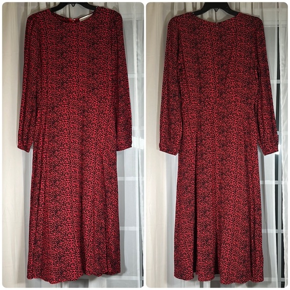 LOFT Animal Print Slit Midi Maxi Dress Long Sleeves Tango Red Holiday size 4 NEW - Picture 3 of 14